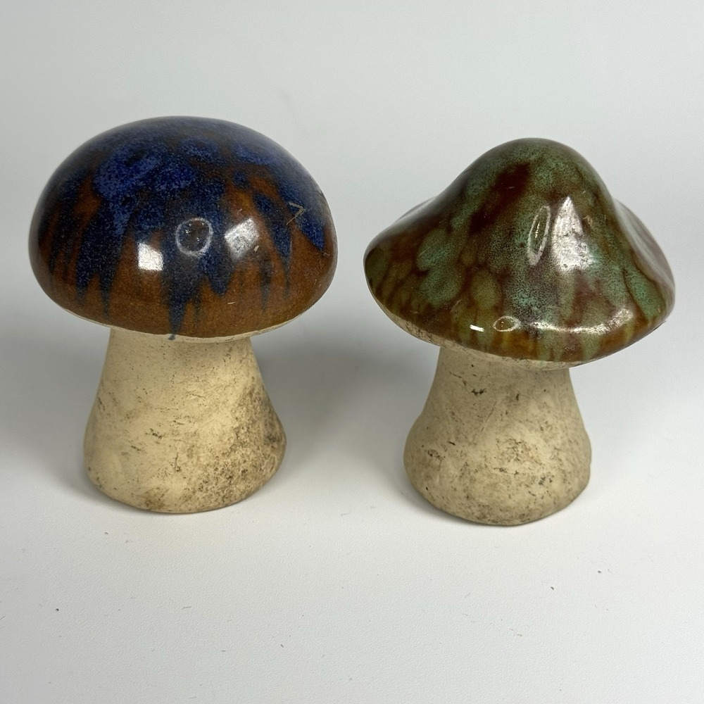 Set of 2 Vintage Ceramic Drip Glaze Mushrooms Toadstool Retro Kitschy Groovy